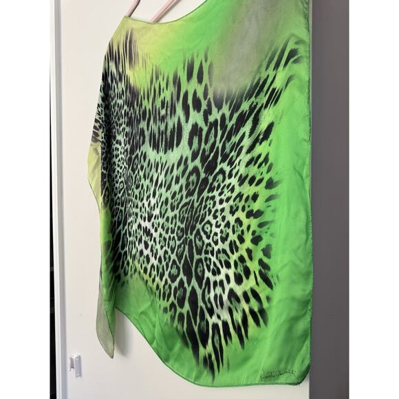 Roberto Cavalli Silk Scarf 35x35 Green Leopard Animal Print - Picture 3 of 5